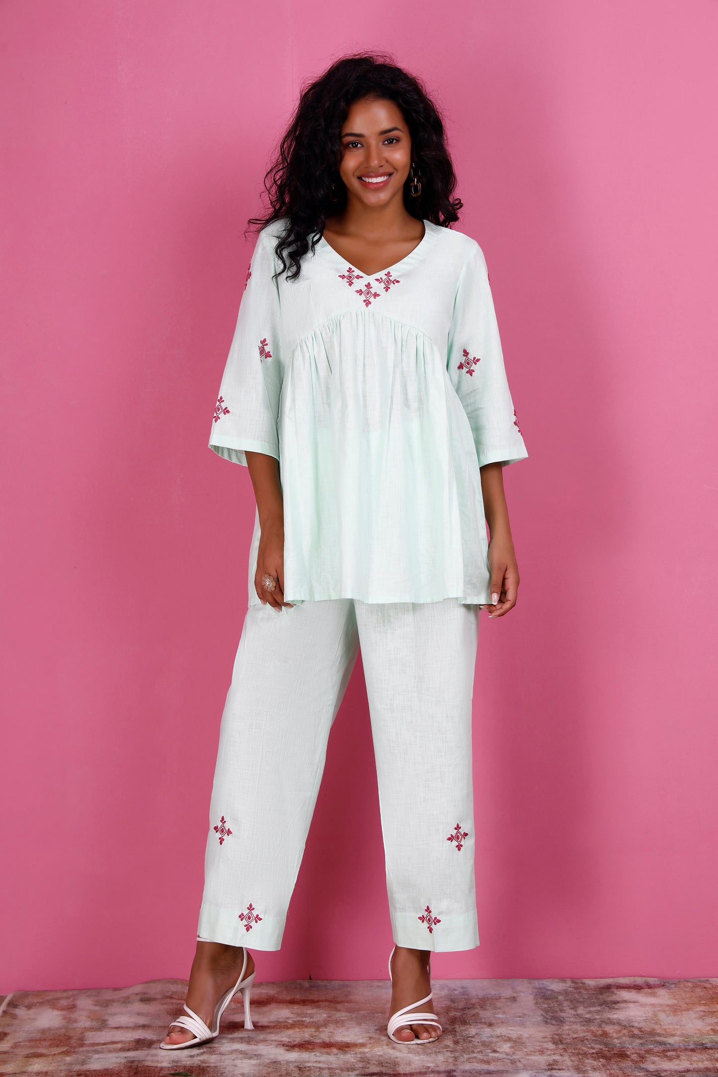 Green Co-ord Set in Linen with Geometric Pink Embroidery