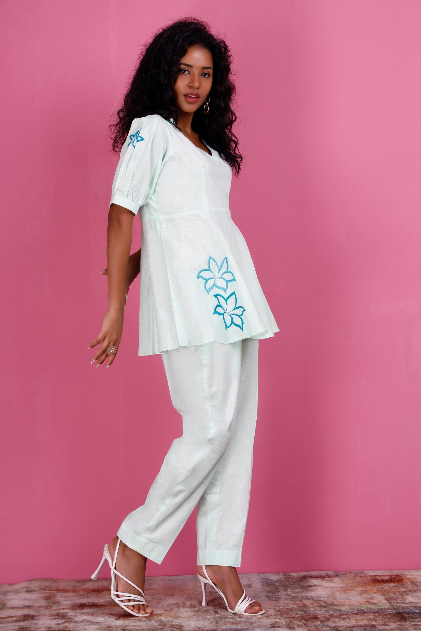 Green Linen Co-ord Set with Blue Floral Embroidery