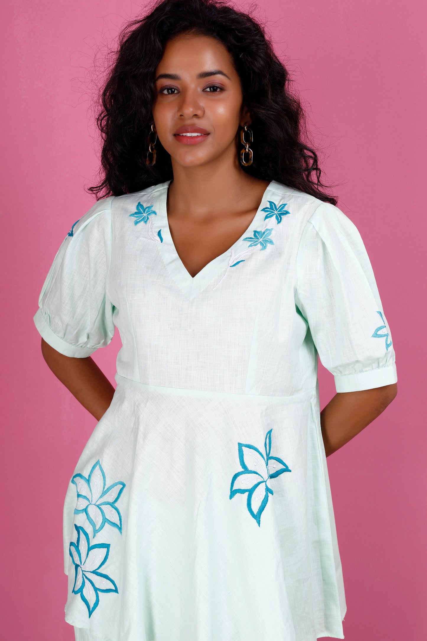 Green Linen Co-ord Set with Blue Floral Embroidery