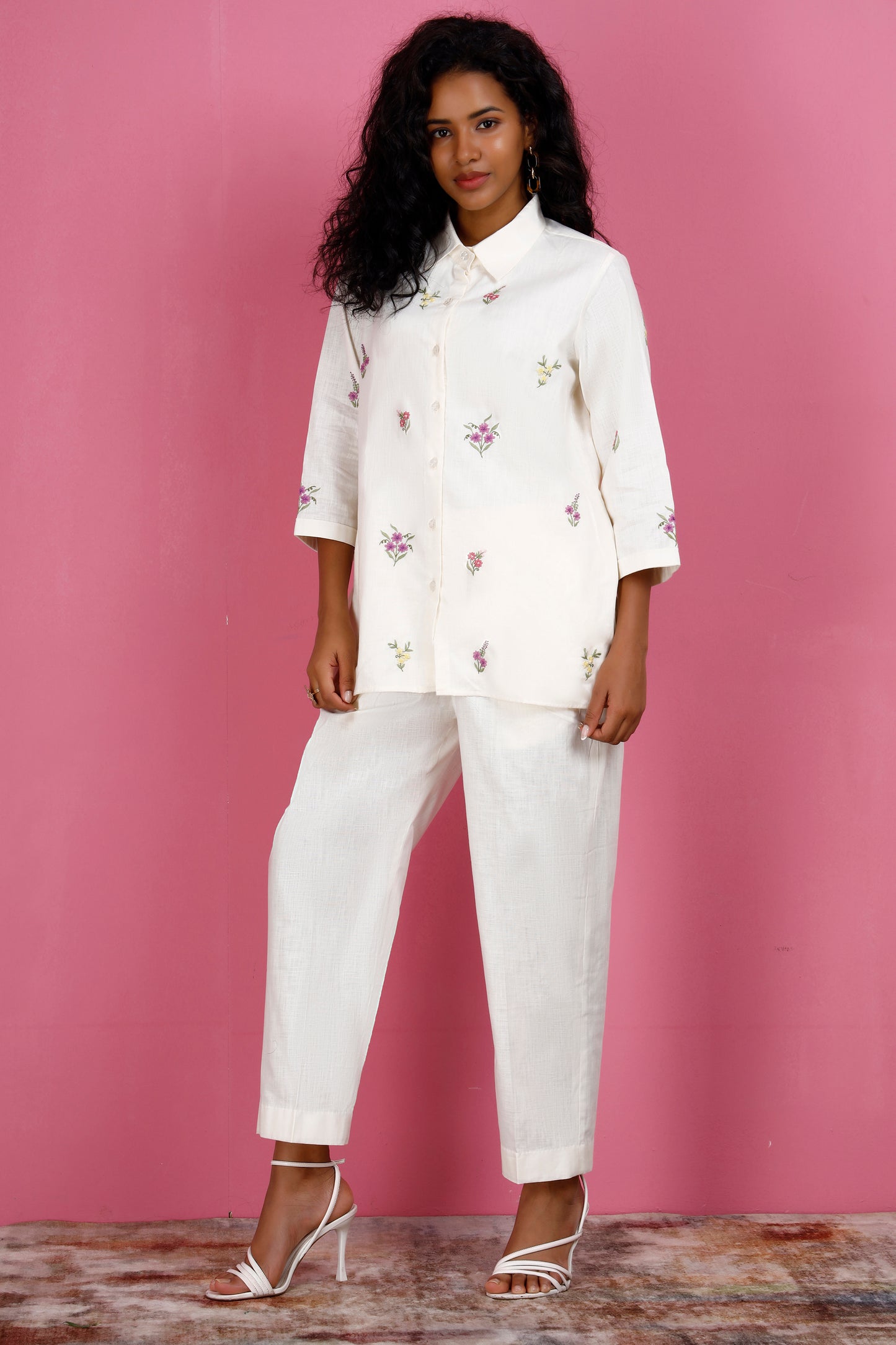 Linen Co-ord Set in White with Pink Floral Embroidery